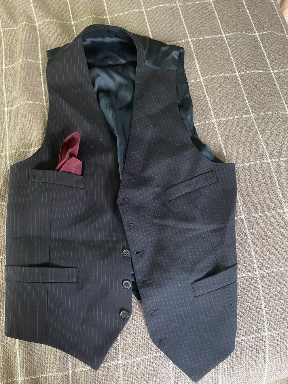 Black Pinstripe Vest with Burgundy Pocket Square